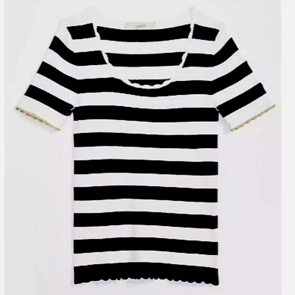 LOFT Navy and White Striped Scallop Short Sleeve Top NWT Petite
